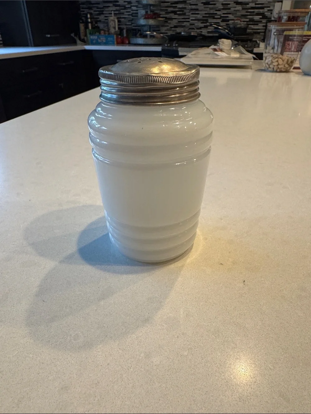 Pepper shaker beehive 1930-1940 White Glass Pepper Shaker with Silver Lid